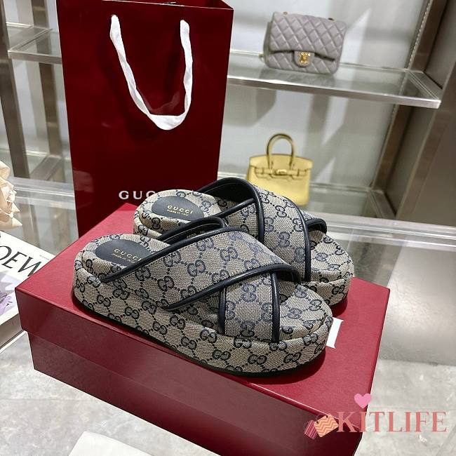 Kitlife Gucci 2025 GG Thick-soled Platform Mule Beige & Dark Blue - 1