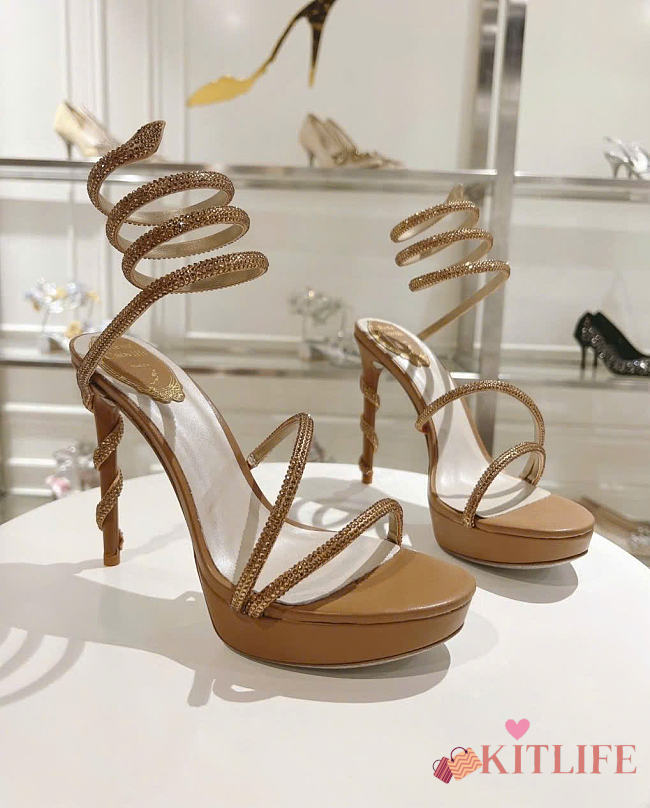 Kitlife René Caovilla Margot Crystal Platform High Heels Brown & Gold  - 1