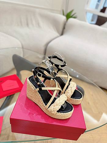 Kitlife Valentino Wedge Heel Black Leather Espadrille Sandals 100mm