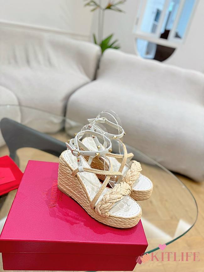 Kitlife Valentino Wedge Heel White Leather Espadrille Sandals 100mm - 1