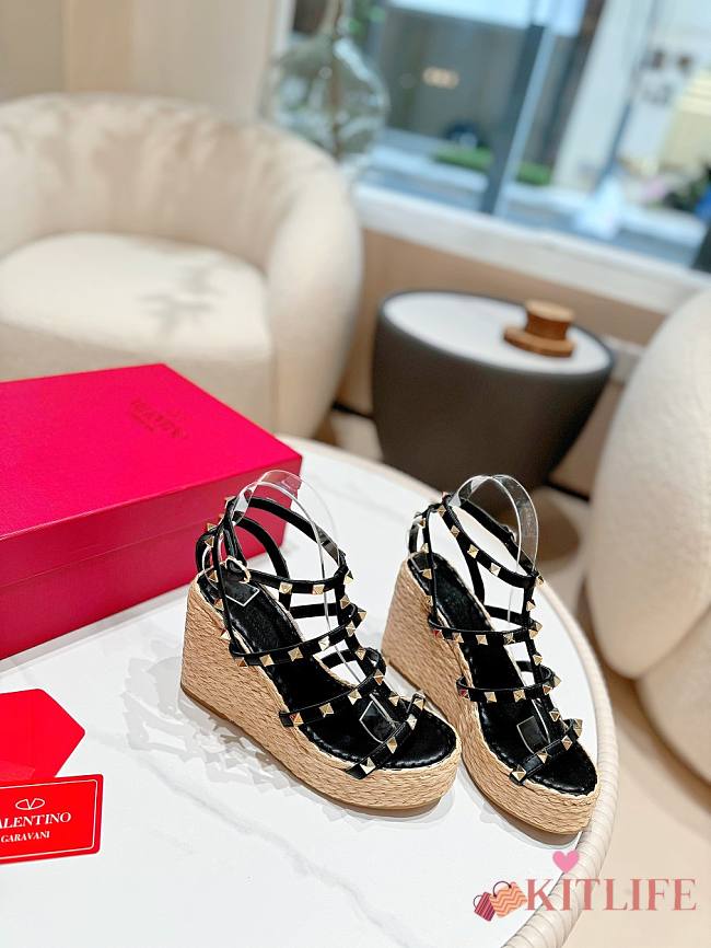 Kitlife Valentino Studded Leather Espadrille Platform Sandals Black 100mm - 1