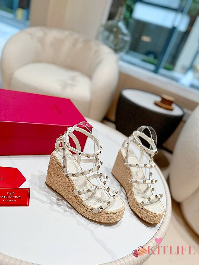 Kitlife Valentino Studded Leather Espadrille Platform Sandals White 100mm - 1