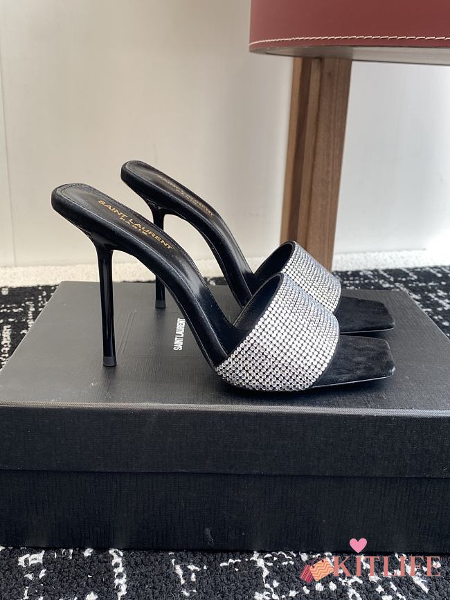 Kitlife Saint Laurent Diamond Buckle Heeled Slippers Black & Silver - 1
