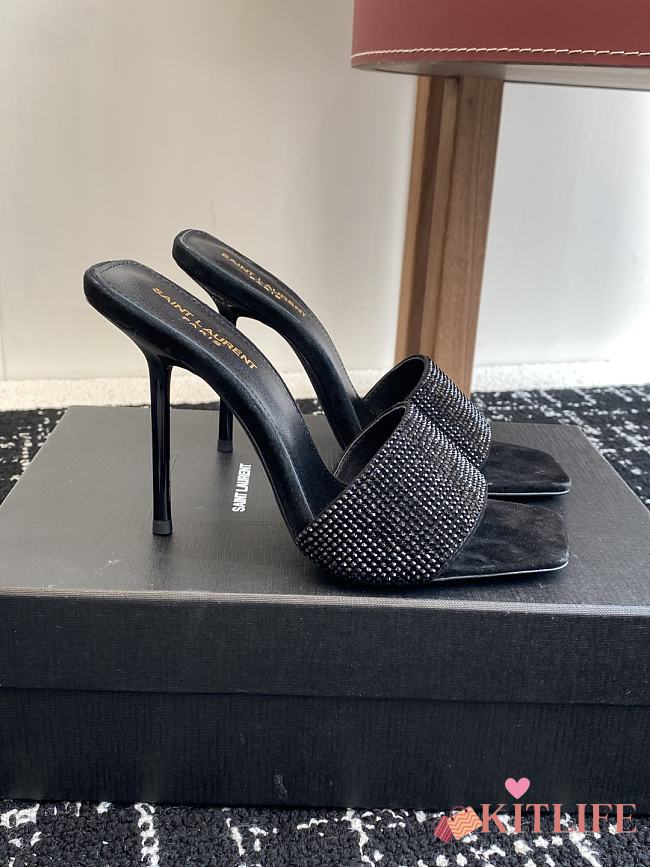 Kitlife Saint Laurent Diamond Buckle Heeled Slippers Black  - 1