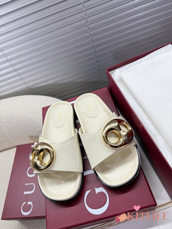 Kitlife Gucci Metal Buckle Slippers White - 1