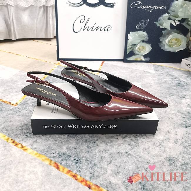 Kitlife Saint Laurent Vendome Slingback Pumps Burgundy Patent Leather  - 1