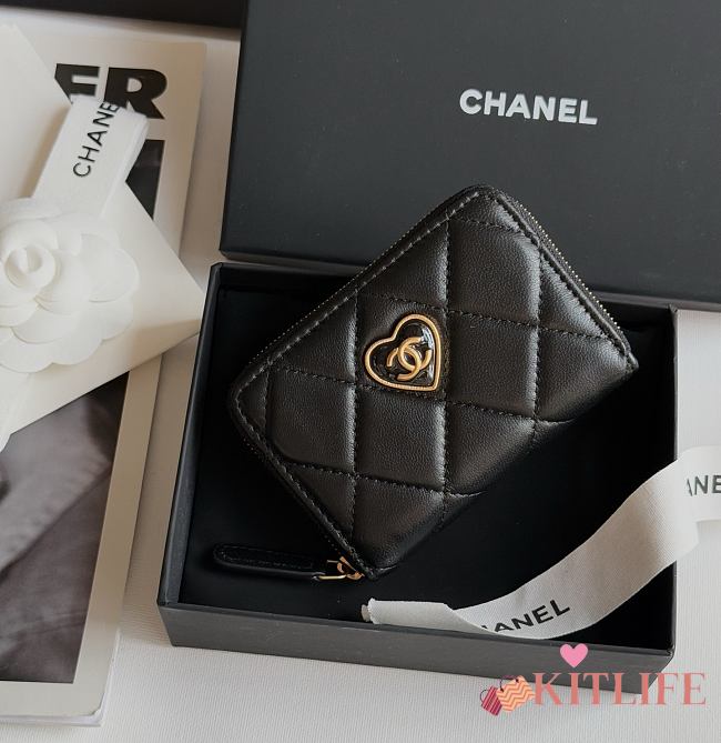 Kitlife Chanel 23S Heart Enamel Buckle Black Gold Coin Purse 8.5x11x4.5cm - 1
