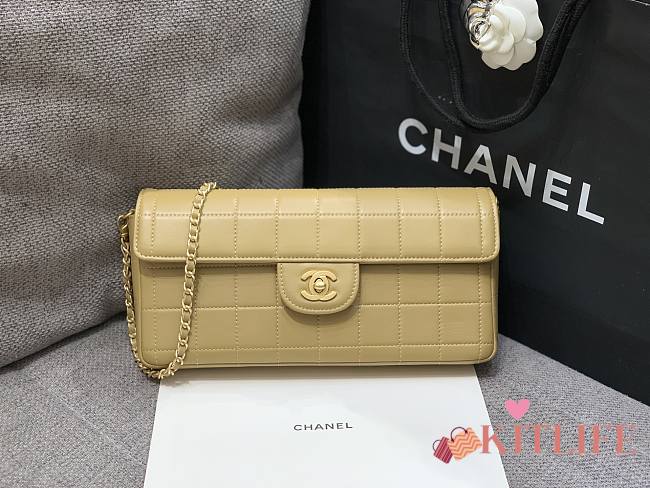 Kitlife Chanel East West Teal Chocolate Bar Quilted Chain Flap Bag Beige 26x12.5x4cm - 1