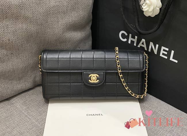 Kitlife Chanel East West Teal Chocolate Bar Quilted Chain Flap Bag Black 26x12.5x4cm - 1