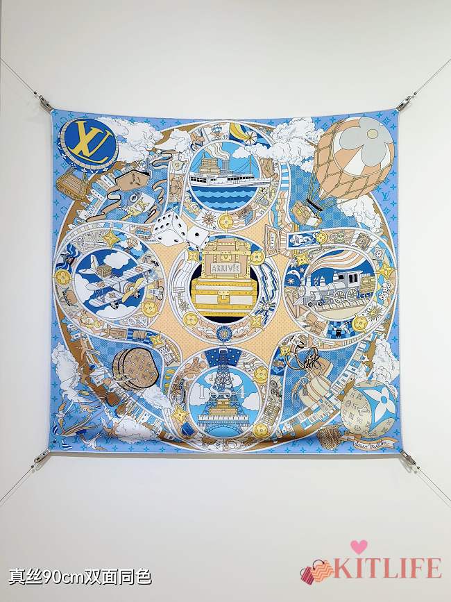 Kitlife Louis Vuitton Journey Scarf Blue & Beige 90x90cm - 1