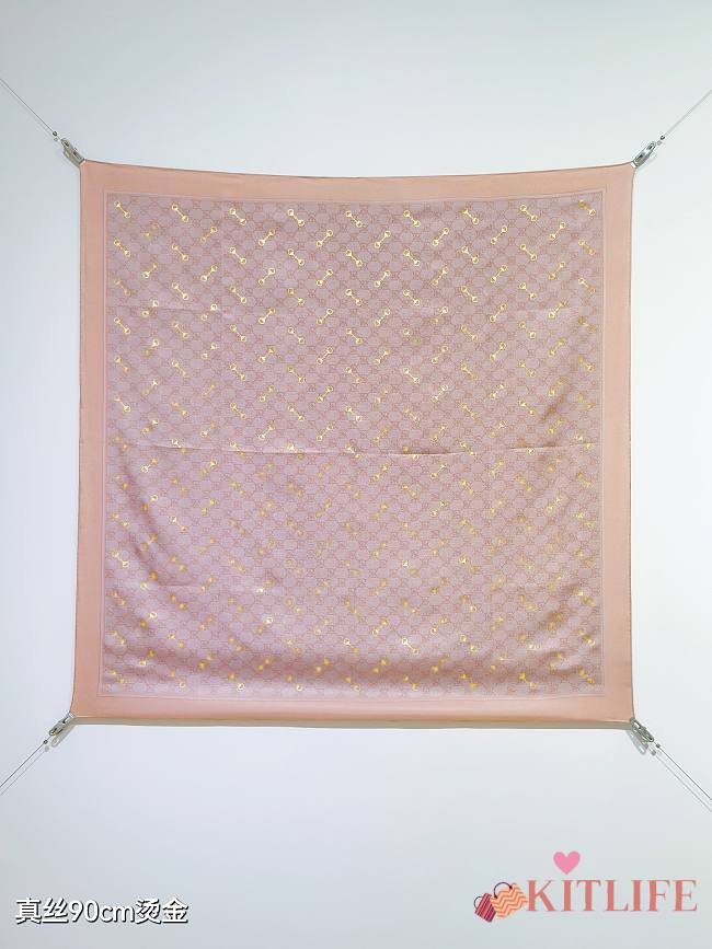 Kitlife Gucci Horsebit Gold Stamping Twill Silk Scarf Beige & Light Brown 90x90cm - 1