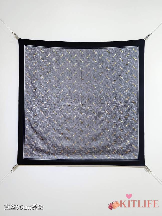 Kitlife Gucci Horsebit Gold Stamping Twill Silk Scarf Grey & Black 90x90cm - 1