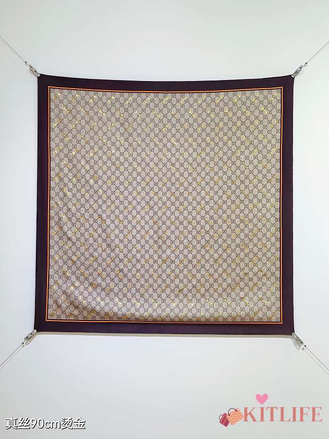 Kitlife Gucci Horsebit Gold Stamping Twill Silk Scarf Beige & Dark Brown 90x90cm - 1