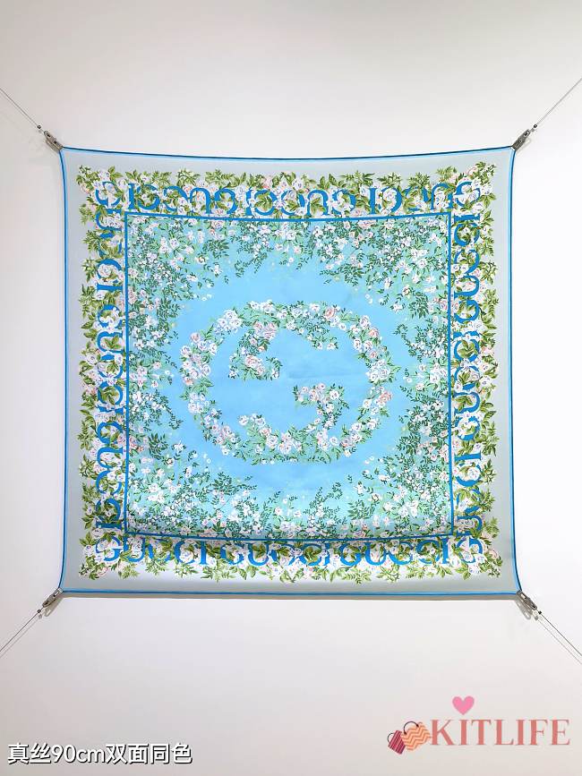 Kitlife Gucci Interlocking G Floral Twill Silk Scarf Blue & White 90x90cm - 1