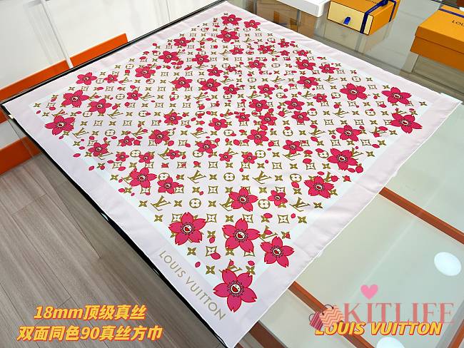 Kitlife Louis Vuitton x TM Monogram White Cherry Blossom Silk Scarf 88x88cm - 1