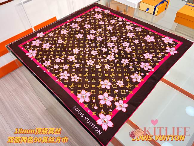 Kitlife Louis Vuitton x TM Monogram Brown Cherry Blossom Silk Scarf 88x88cm - 1