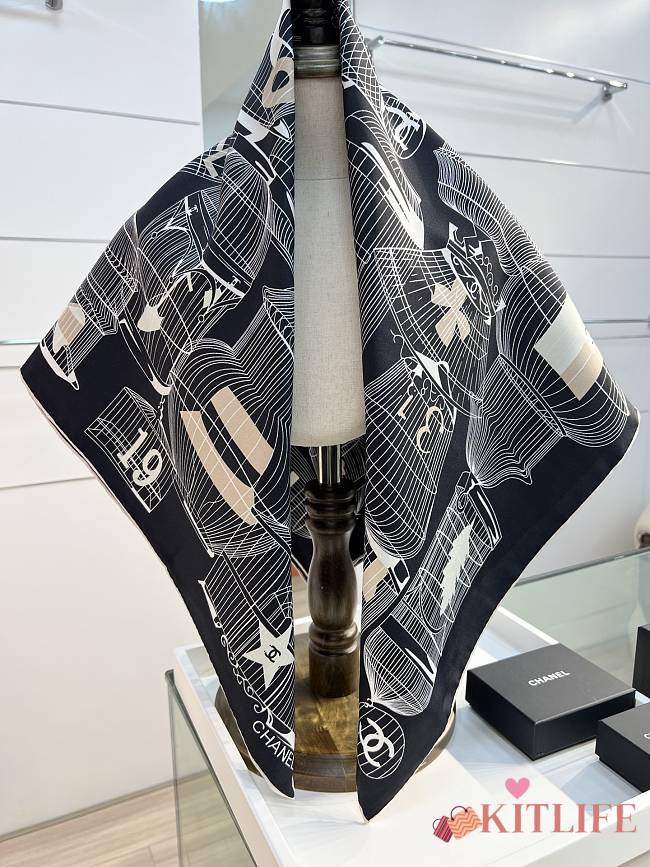 Kitlife Chanel 25S Birdcage Silk Scarf Black 90x90cm - 1