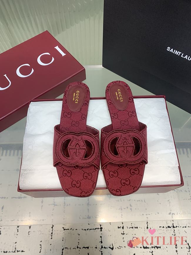 Kitlife Gucci GG Hollow Square Toe Flat Slippers Red - 1
