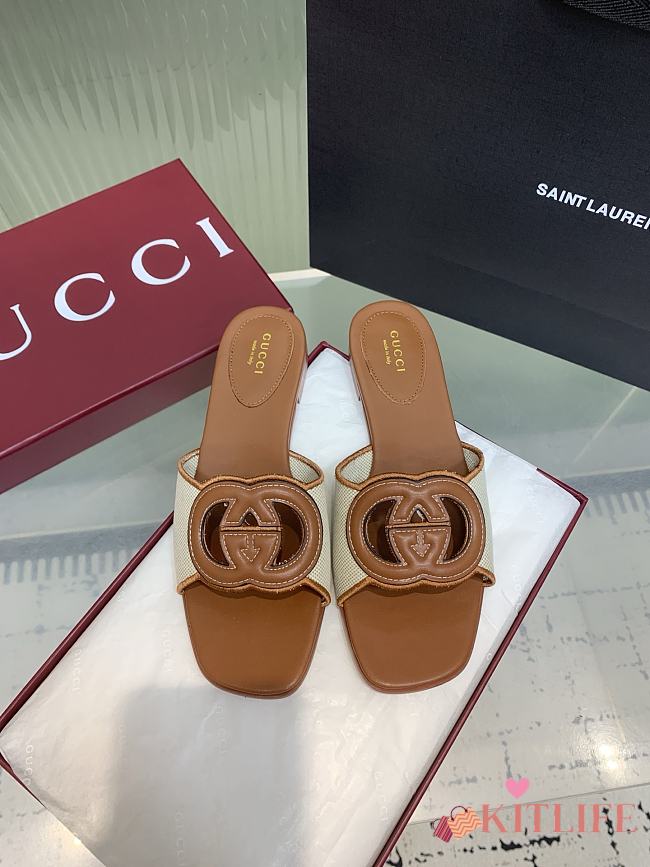 Kitlife Gucci GG Hollow Square Toe Flat Slippers Brown & Beige - 1