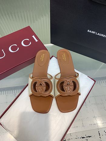 Kitlife Gucci GG Hollow Square Toe Flat Slippers Brown & Beige