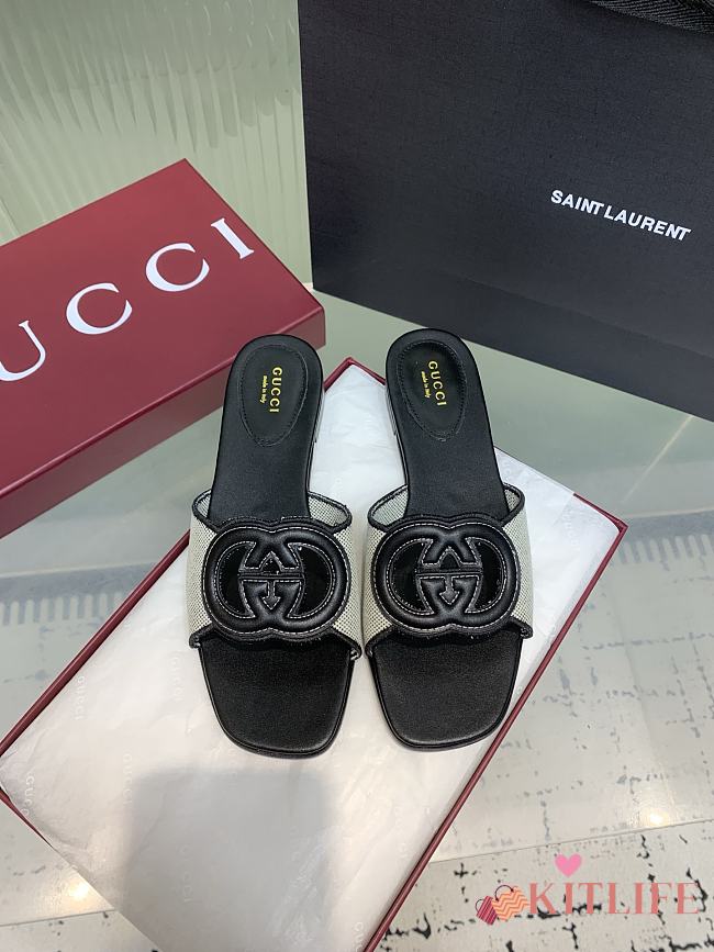 Kitlife Gucci GG Hollow Square Toe Flat Slippers Black & Beige - 1