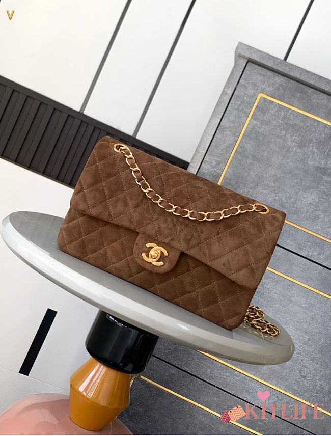 Kitlife Chanel Classic Flap Bag Brown Suede Leather 25cm - 1