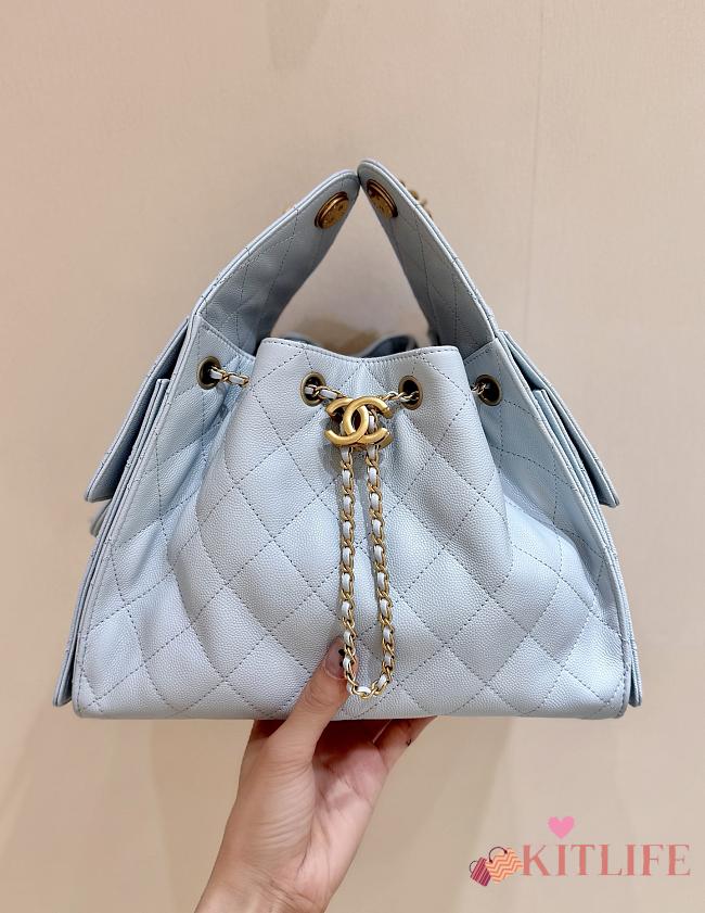 Kitlife Chanel 25C Drawstring Bucket Hobo Bag Light Blue Grained Leather 30×26×14cm - 1