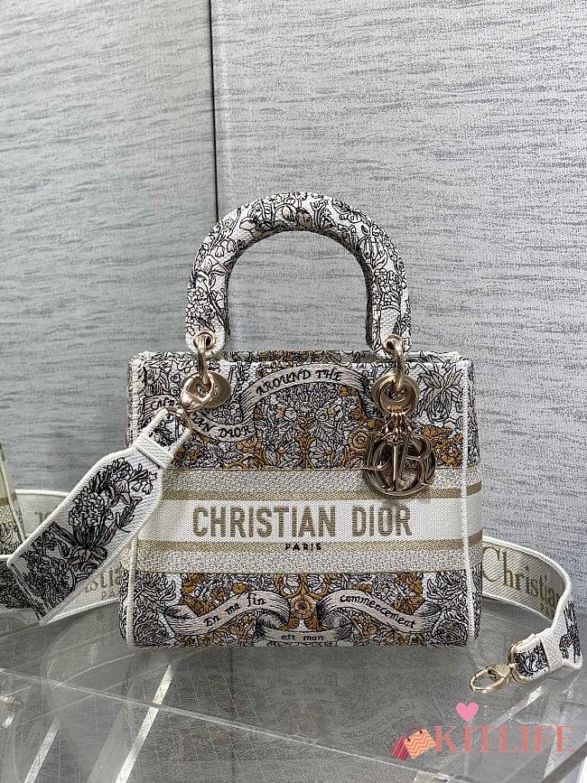 Kitlife Dior Lady White & Yellow Embroidery with Around the World Motif Bag 24x11x20cm - 1