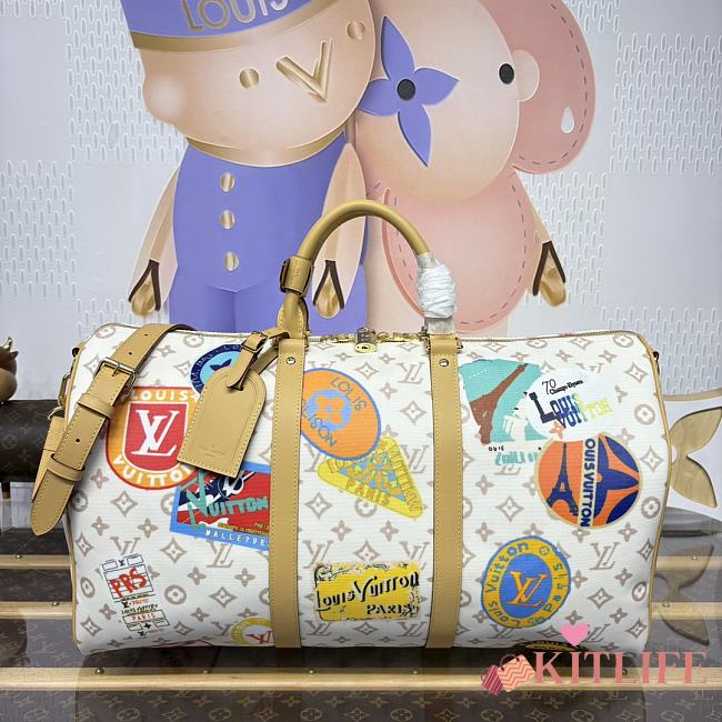Kitlife Louis Vuitton White Flower Badge  Keepall Bandoulière Bag M15042 50x29x23cm。 - 1