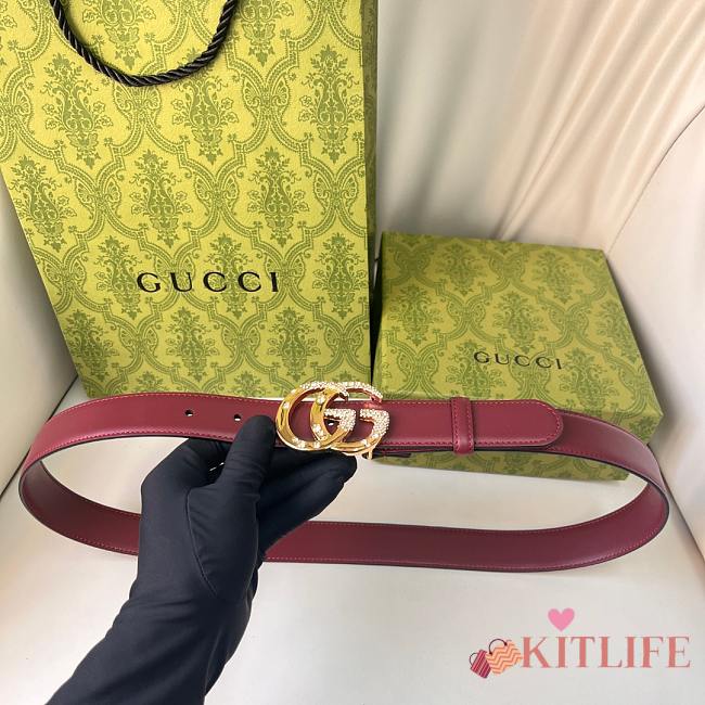 Kitlife Gucci Belt Gold Diamond Buckle in Burgundy 3cm - 1