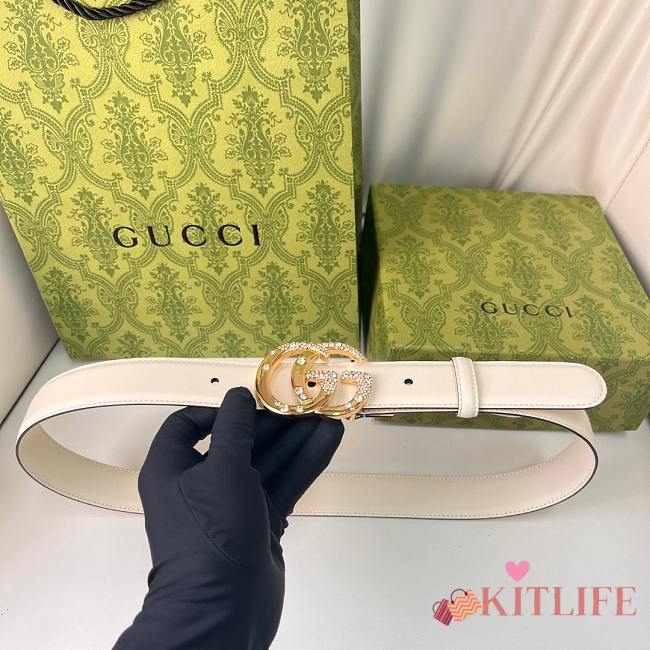 Kitlife Gucci Belt Gold Diamond Buckle in White 3cm - 1