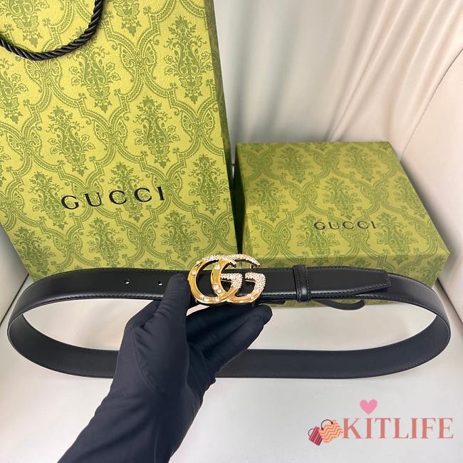 Kitlife Gucci Belt Gold Diamond Buckle in Black 3cm - 1