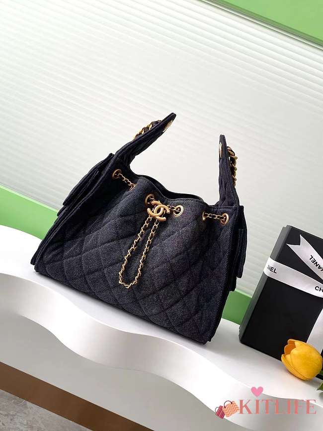 Kitlife Chanel 25C Drawstring Bucket Hobo Bag Black Denim 30×26×14cm - 1
