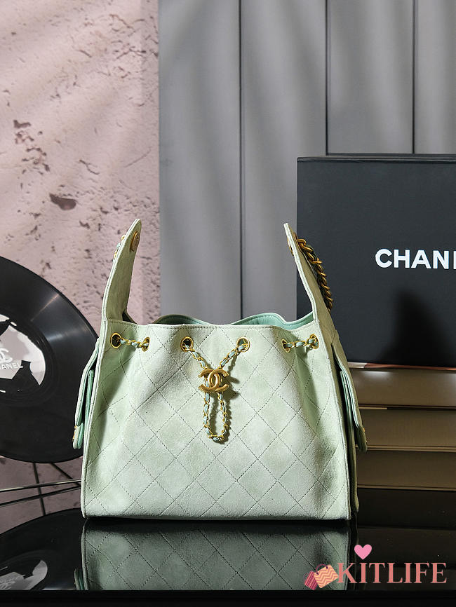 Kitlife Chanel 25C Drawstring Bucket Hobo Bag Green Suede Leather 30×26×14cm - 1