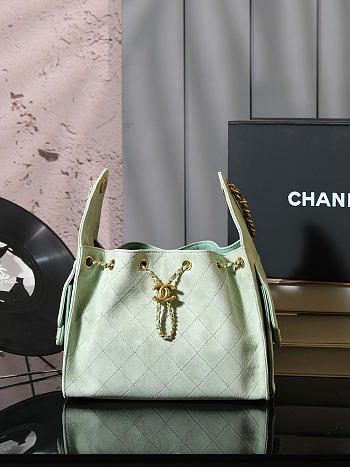 Kitlife Chanel 25C Drawstring Bucket Hobo Bag Green Suede Leather 30×26×14cm