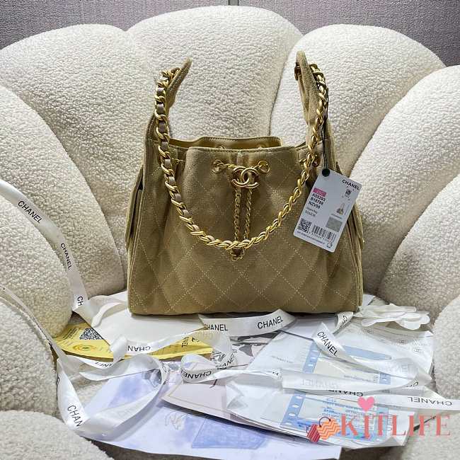 Kitlife Chanel 25C Drawstring Bucket Hobo Bag Beige Suede Leather 30×26×14cm - 1