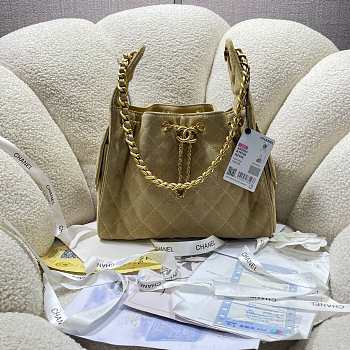 Kitlife Chanel 25C Drawstring Bucket Hobo Bag Beige Suede Leather 30×26×14cm