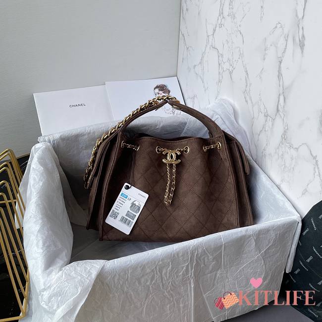 Kitlife Chanel 25C Drawstring Bucket Hobo Bag Brown Suede Leather 30×26×14cm - 1