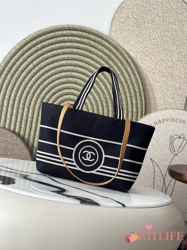 Kitlife Chanel Navy Blue Striped Denim Shopping Bag 30x22x14cm - 1