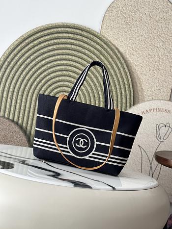 Kitlife Chanel Navy Blue Striped Denim Shopping Bag 30x22x14cm