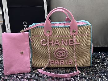Kitlife Chanel 24s Woven Beach Bag Pink & Beige 32cm