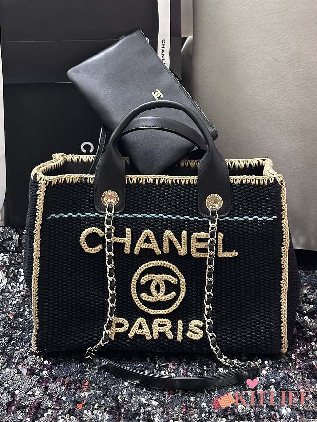 Kitlife Chanel 24s Woven Beach Bag Black & Beige 32cm - 1