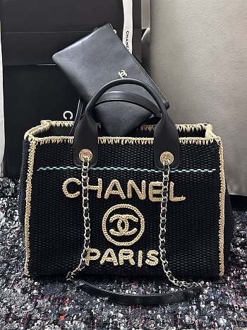 Kitlife Chanel 24s Woven Beach Bag Black & Beige 32cm