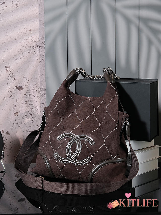 Kitlife Chanel Dark Brown Quilted Suede CC Shoulder Bag 36cm - 1