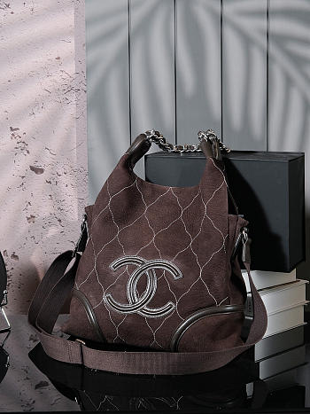 Kitlife Chanel Dark Brown Quilted Suede CC Shoulder Bag 36cm