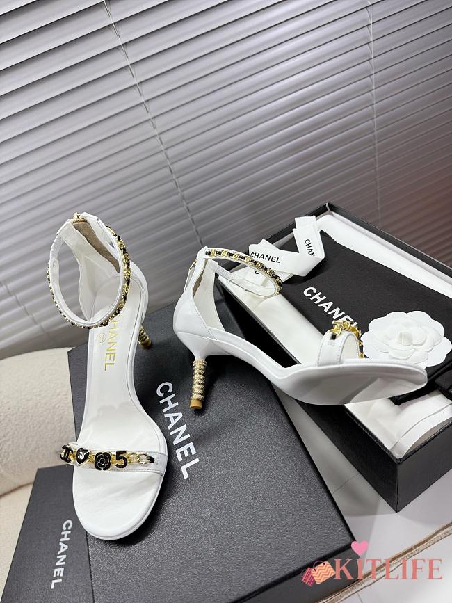 Kitlife Chanel Camellia Chain Buckle High-heeled Sandals White - 1