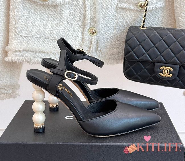 Kitlife Chanel 25ss Pearl Heel High-heeled Sandals Black - 1