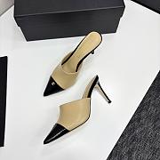 Kitlife Chanel 2025 Classic Pointed High-heeled Splicing Half Slippers Beige & Black - 5