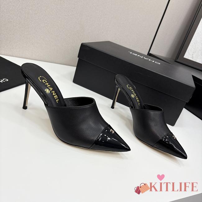 Kitlife Chanel 2025 Classic Pointed High-heeled Splicing Half Slippers Black - 1