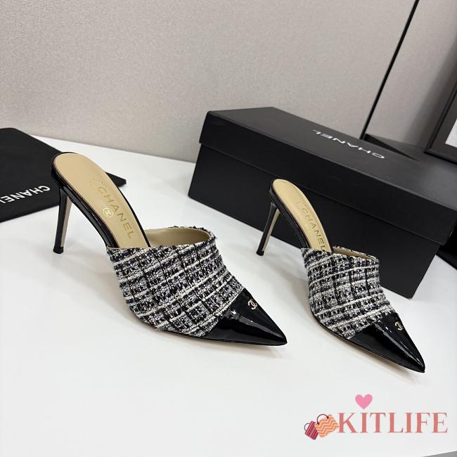 Kitlife Chanel 2025 Classic Pointed High-heeled Splicing Half Slippers Houndstooth & Black - 1